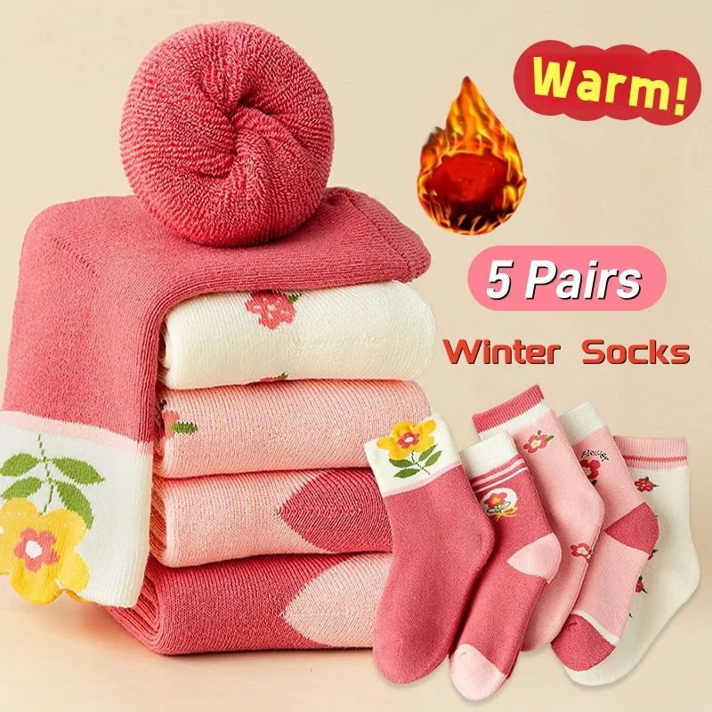 Children's Winter Socks Thick Thermal Terry Socks 5 Pairs/bag Kids Boys Thicken Cotton Socks Mid-calf Warm Socks