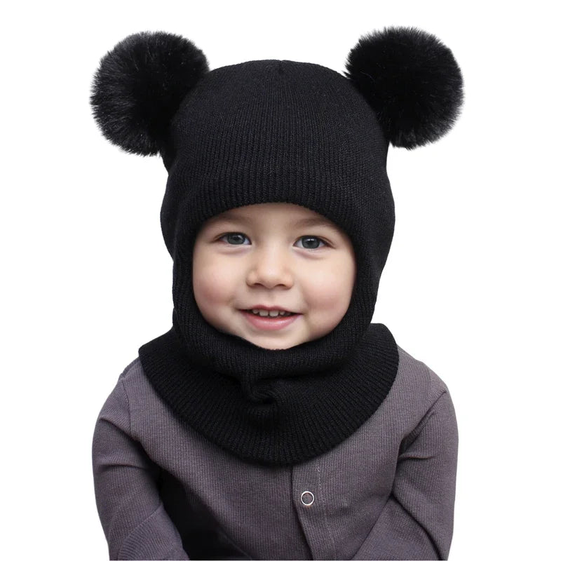 One-Piece Baby Hat Scarf for Boys Cute Pompom Kids Knitted Beanie Winter Infant Girls Cap Ears Neck Warm Protection Bonnet 1-5Y