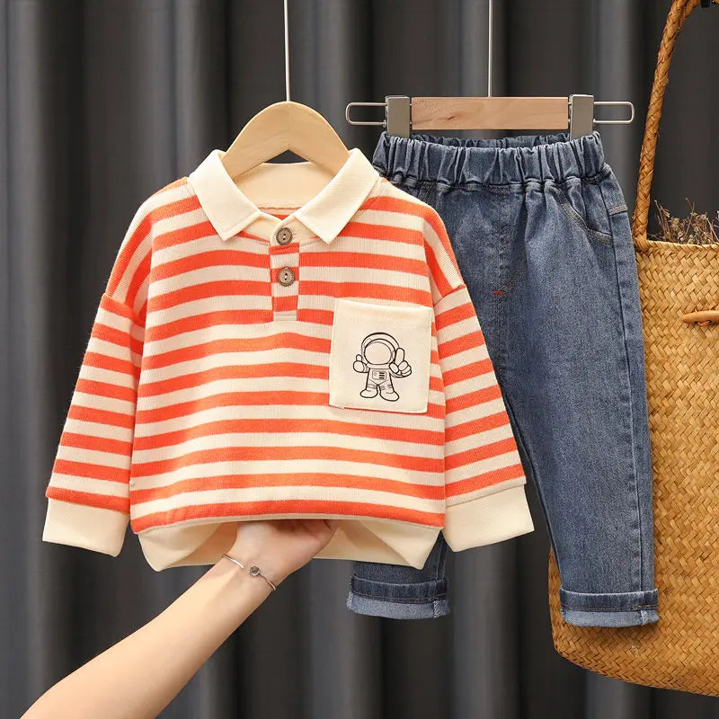 New Spring Autumn Kids Boys Clothes Strips Hoodies Jeans 2Pcs/Set Outfit Infant Kids Sport Casual Clothing Tracksuits 0-5 Years