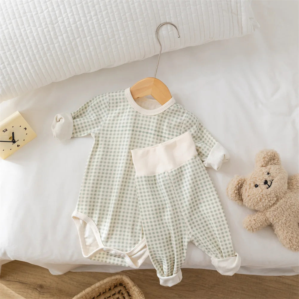2024 Autumn Baby Pajamas Set 0-2Y Toddler Boys Plaid Bodysuit+Pants Underwear 2Pcs Girls Homewear Suit Toddler Sleep Clothing