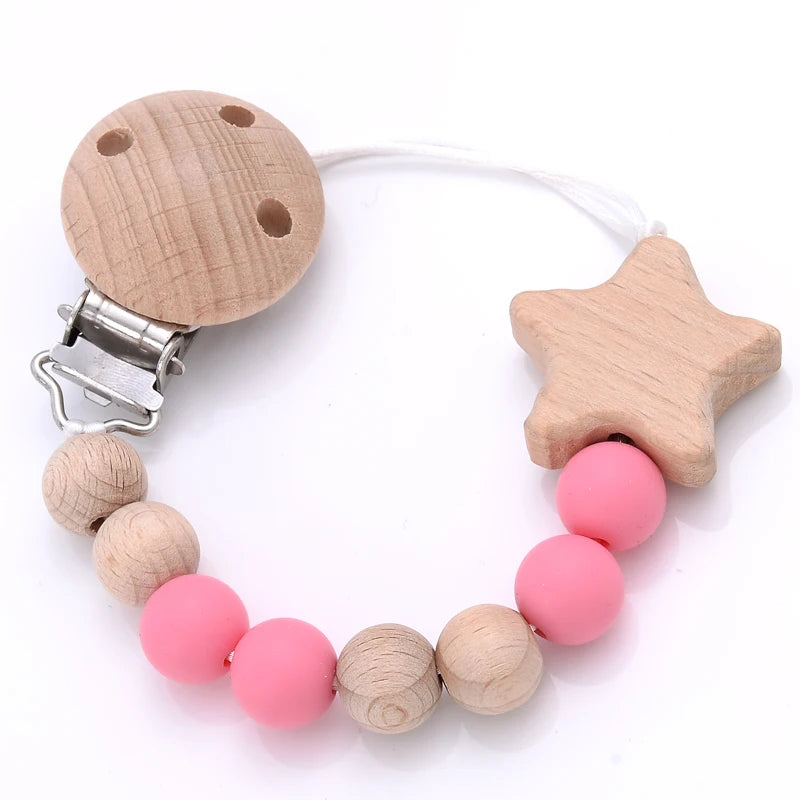 Baby Pacifier Chain Clips Wood Pentagram Teether Silicone Round Beads Teething Chain For Baby Care Soother Chew Toys Shower Gift