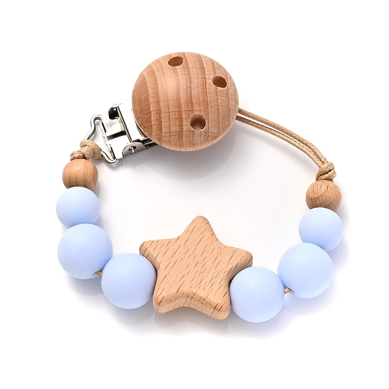 Baby Pacifier Chain Clips Wood Pentagram Teether Silicone Round Beads Teething Chain For Baby Care Soother Chew Toys Shower Gift