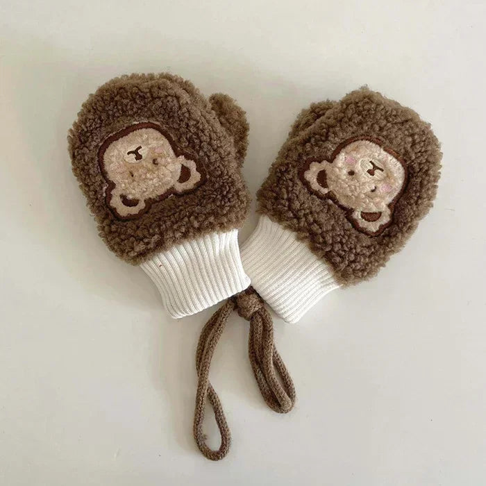 1-4Y Baby Cartoon Bear Label Mittens Winter Warm Kids Girls Gloves Soft Fur Children Toddler Thick Child Fleece Cartoon Mittens