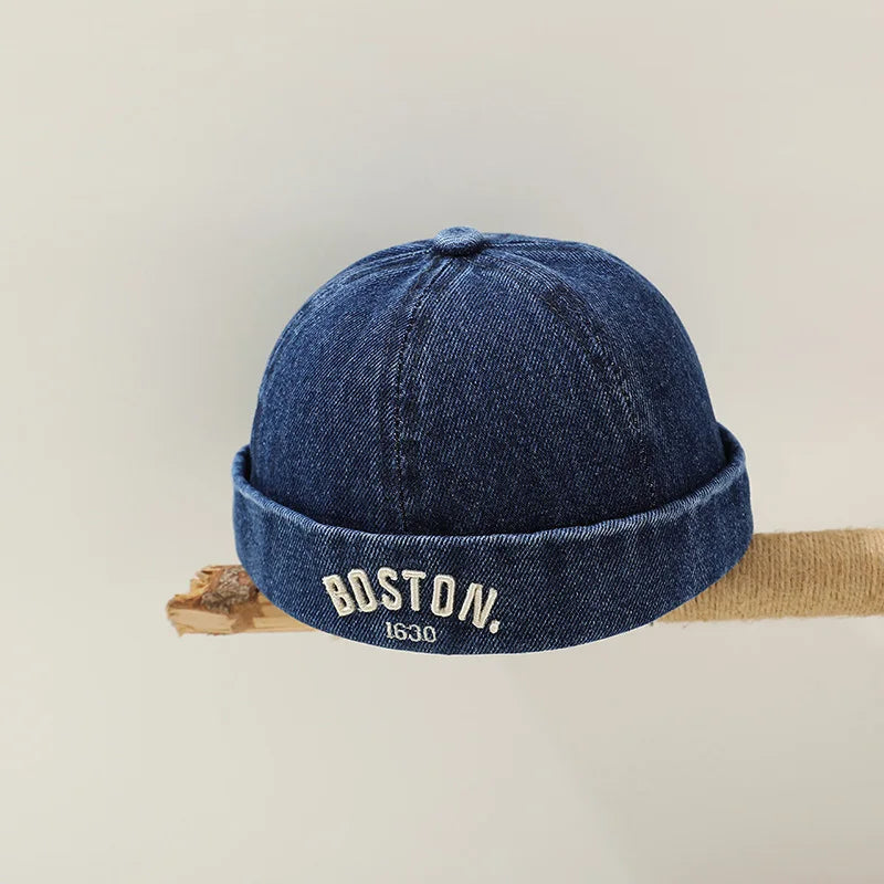 Korean Denim Melon Capfor Baby Hip Hop Letter Embroidered Brimless Hat Adjustable Kids Landlord Hats Retro Dome Docker Beanies