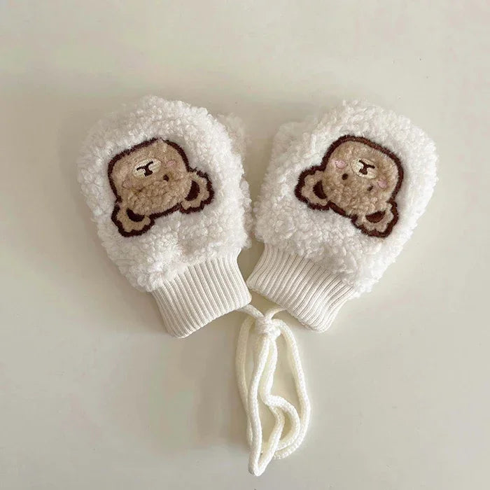 1-4Y Baby Cartoon Bear Label Mittens Winter Warm Kids Girls Gloves Soft Fur Children Toddler Thick Child Fleece Cartoon Mittens