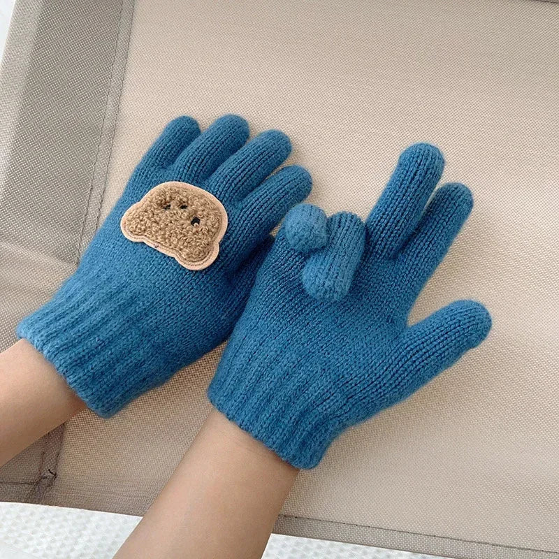 3-7Y Baby Cartoon Bear Mittens Winter Warm Kids Girl Solid Doll Gloves Knitted Children Toddler Thick Teething Mitten Handschoen