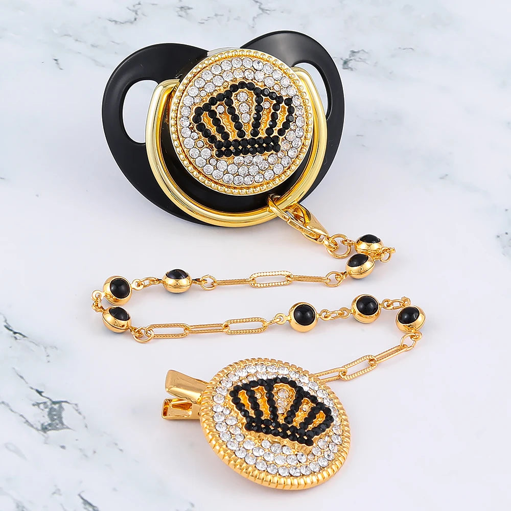 Luxury Pacifier Holder With Crown Baby Shower Gift BPA Free Silicone Pacifier Gold Bling Newborn Dummy Soother Chupetes