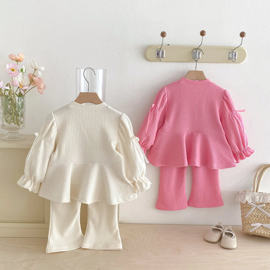2025 Autumn New Children Long Sleeve Clothes Set Girls Cute Bow Loose Tops + Flared Trousers 2pcs Suit Cotton Kids Girls Outfits