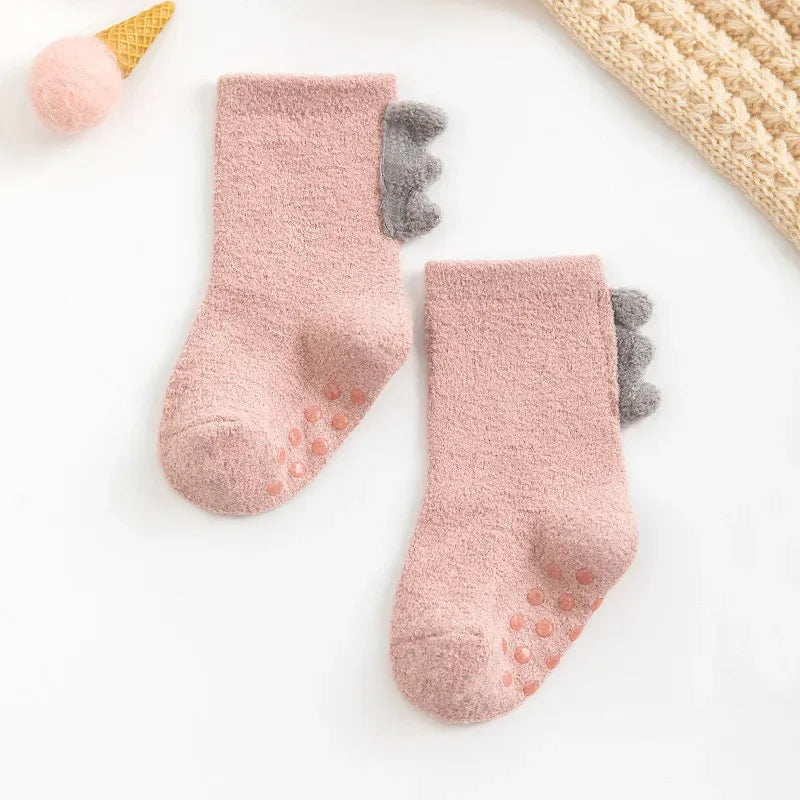 2Pairs Lovely Cute Cartoon Dinosaur Kids Baby Socks Girl Boy Non-slip Floor Socks Animal Infant Soft Cotton Thick Warm Leg Socks