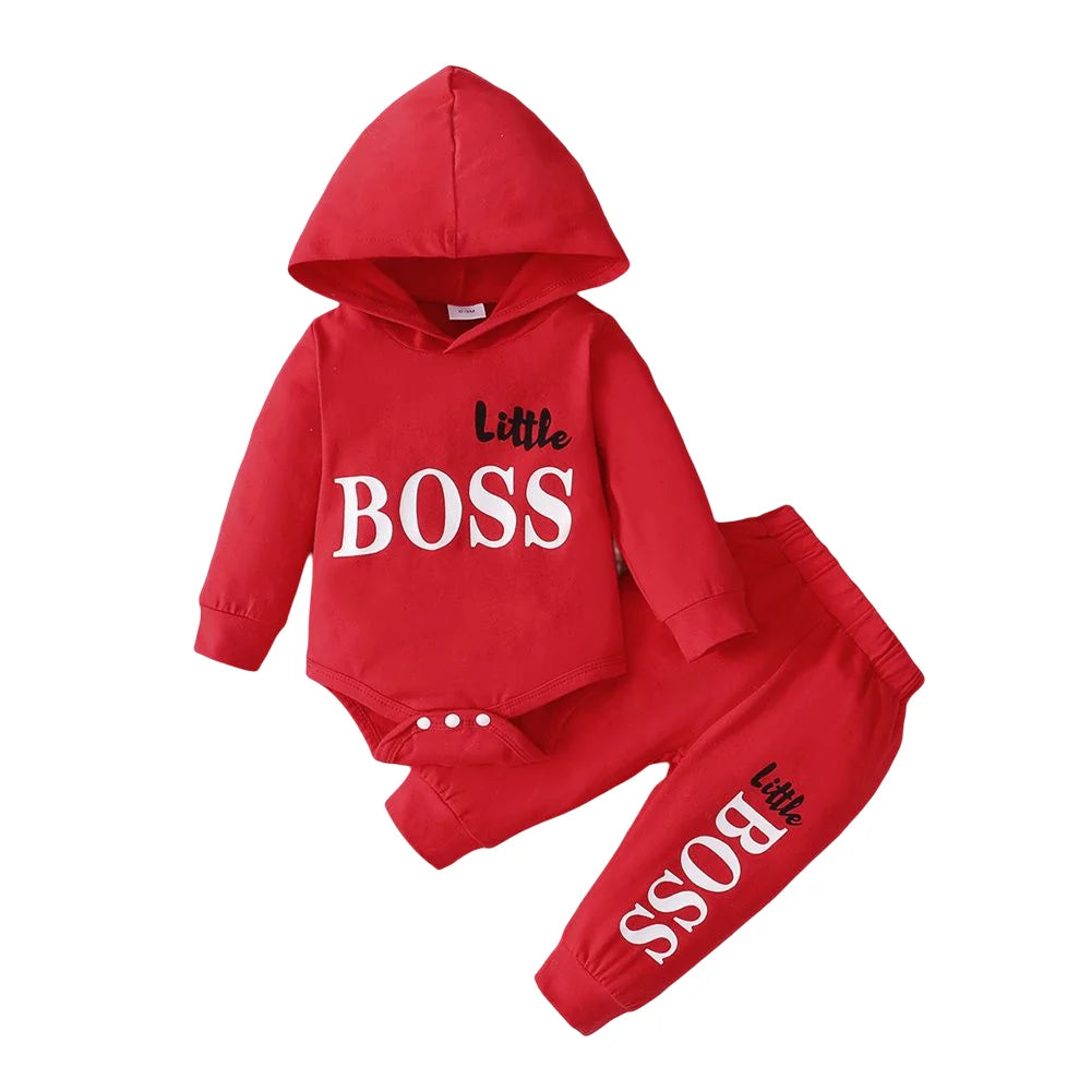 2PCS Fashion Baby Boy Autumn Clothing Set Hooded Long Sleeved Jumpsuit+Pants Sports Style Outfit for Infant 0-24 Months Blue&Red
