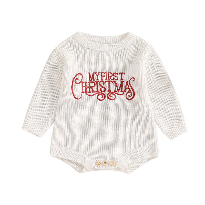 FOCUSNORM 4 Color Autumn Winter Baby Boys Girls Christmas Sweater Romper Letter Embroidery Round Neck Long Sleeve Knit Jumpsuit