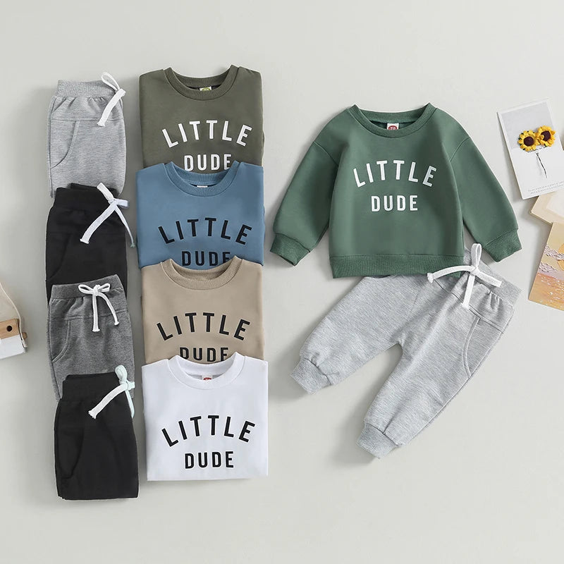 Baby Toddler Boys Fall Winter Outfits Little Dude Letter Printed Long Sleeve Sweatshirts Pants 2Pcs Clothes Set