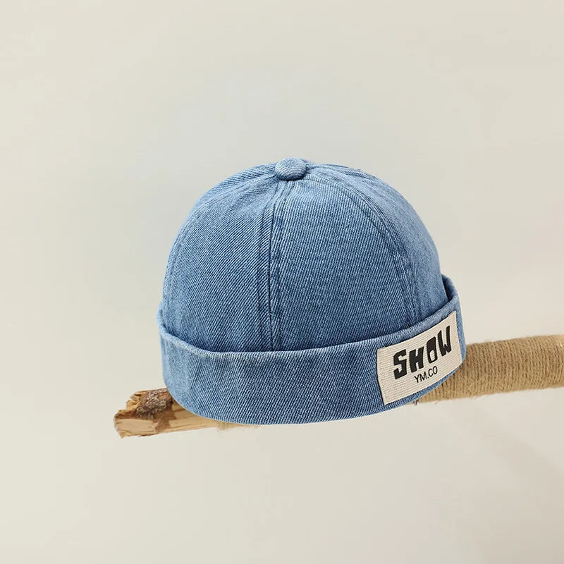 Korean Denim Melon Capfor Baby Hip Hop Letter Embroidered Brimless Hat Adjustable Kids Landlord Hats Retro Dome Docker Beanies