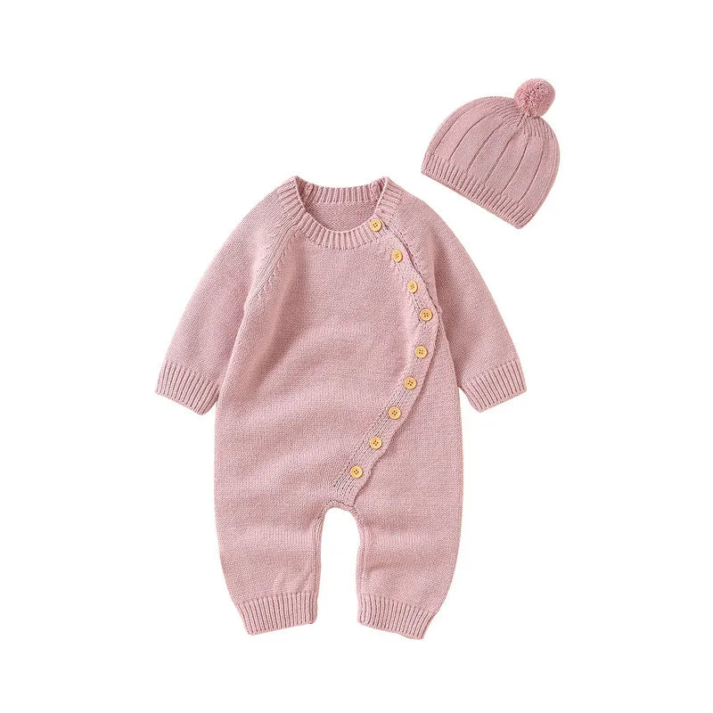 New Born Baby Boy Girl Clothes Knit Jumpsuit Fall Winter 2023 Warm Long Sleeve Crew Neck Button Closure Solid Romper with Hat