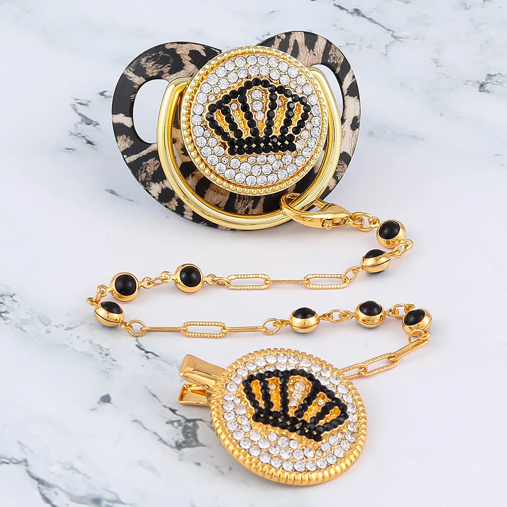 Luxury Pacifier Holder With Crown Baby Shower Gift BPA Free Silicone Pacifier Gold Bling Newborn Dummy Soother Chupetes