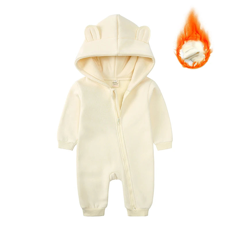 2025 Infant Baby Boys Girls Print Romper Newborn Cotton Fleece Hooded Jumpsuit Toddler Warm Cute Bodysuit Costume For 0-24M