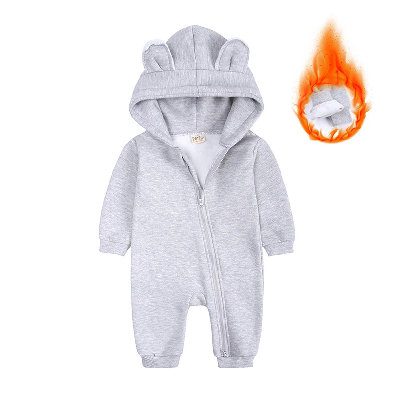 2025 Infant Baby Boys Girls Print Romper Newborn Cotton Fleece Hooded Jumpsuit Toddler Warm Cute Bodysuit Costume For 0-24M