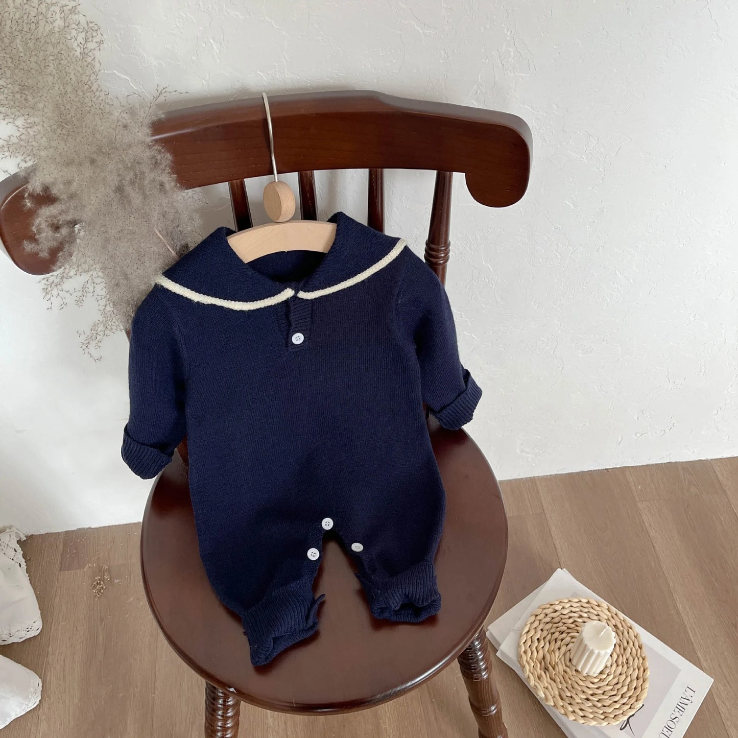 2025 Autumn New Baby Sailor Collar Long Sleeve Knitted Romper Infant Boy Girl Casual Striped Jumpsuit Newborn Toddler Clothes