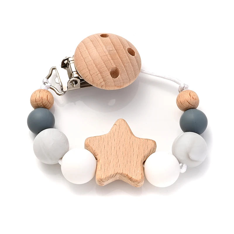 Baby Pacifier Chain Clips Wood Pentagram Teether Silicone Round Beads Teething Chain For Baby Care Soother Chew Toys Shower Gift