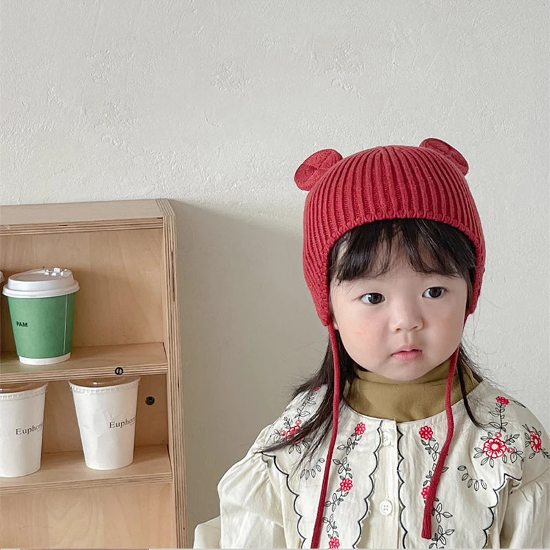 Bear Baby Ear Protection Woolen Cap Solid Color Toddler Beanie Children Knitted Hat 1-4 Years Boy Girl Kids Winter Warm Headgear