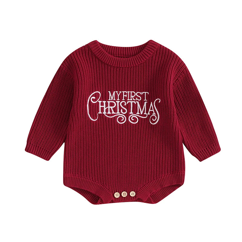 FOCUSNORM 4 Color Autumn Winter Baby Boys Girls Christmas Sweater Romper Letter Embroidery Round Neck Long Sleeve Knit Jumpsuit