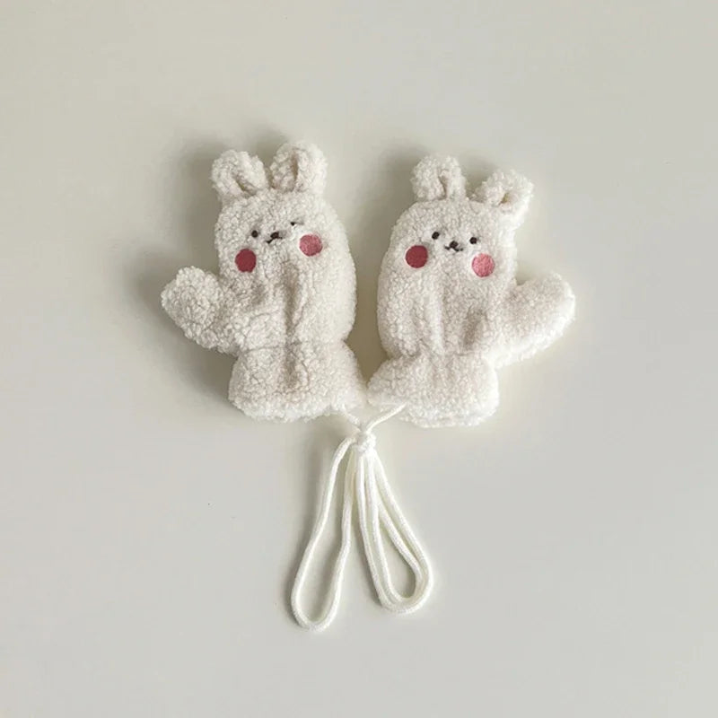 1-4Y Baby Cartoon Bear Label Mittens Winter Warm Kids Girls Gloves Soft Fur Children Toddler Thick Child Fleece Cartoon Mittens