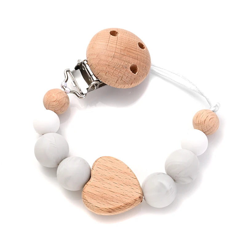 Baby Pacifier Chain Clips Wood Pentagram Teether Silicone Round Beads Teething Chain For Baby Care Soother Chew Toys Shower Gift