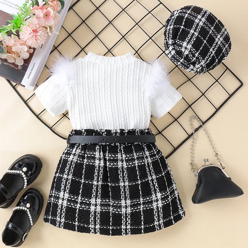 FOCUSNORM 0-4Y Fashion Kids Girls 3Pcs Clothes Sets Outfits Fur Short Sleeve Ribbed Tops + Plaid Belt Skirt + Hat
