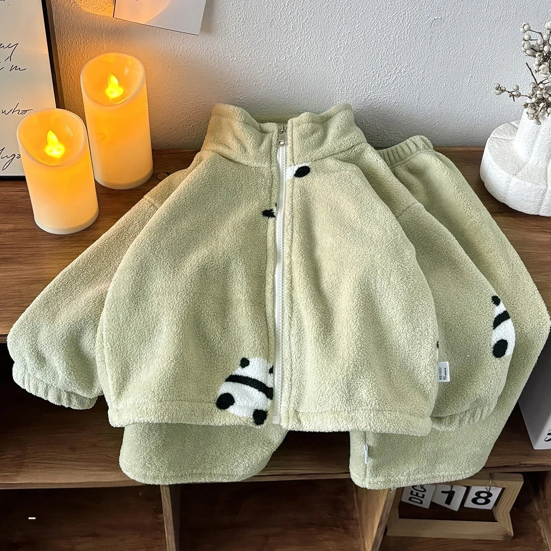 Double Sided Fleece Loungewear Set 2025 Kids Cute Print Soft Skin Friendly Autumn Winter Two Piece Children Outfit