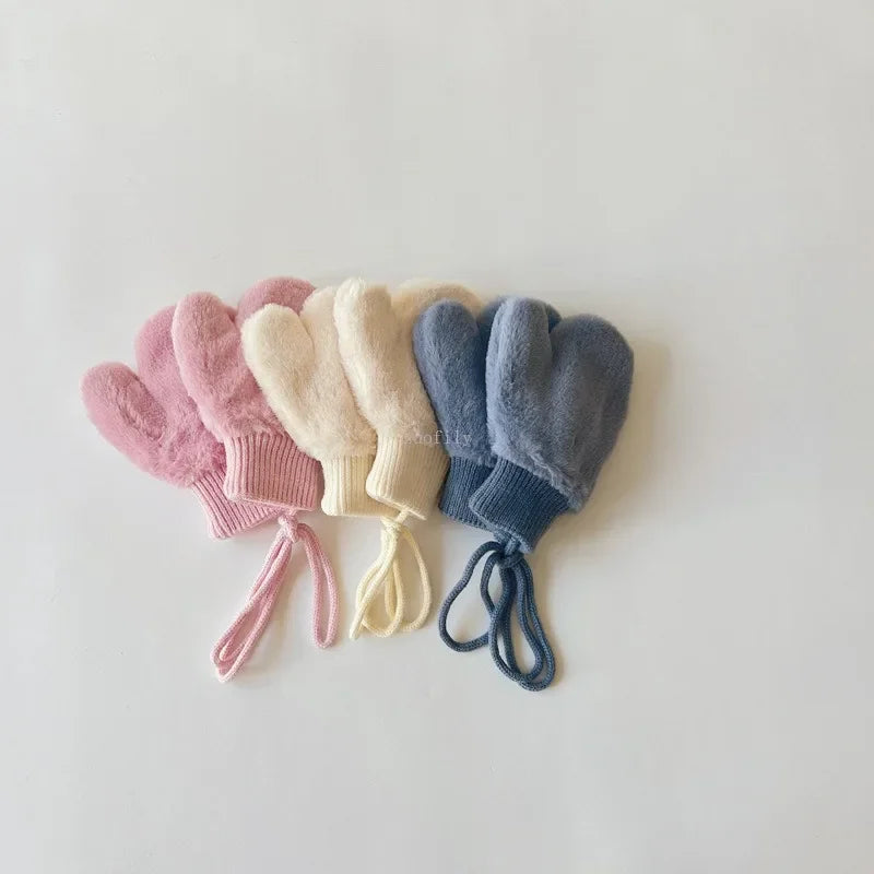 1-4Y Baby Cartoon Bear Label Mittens Winter Warm Kids Girls Gloves Soft Fur Children Toddler Thick Child Fleece Cartoon Mittens