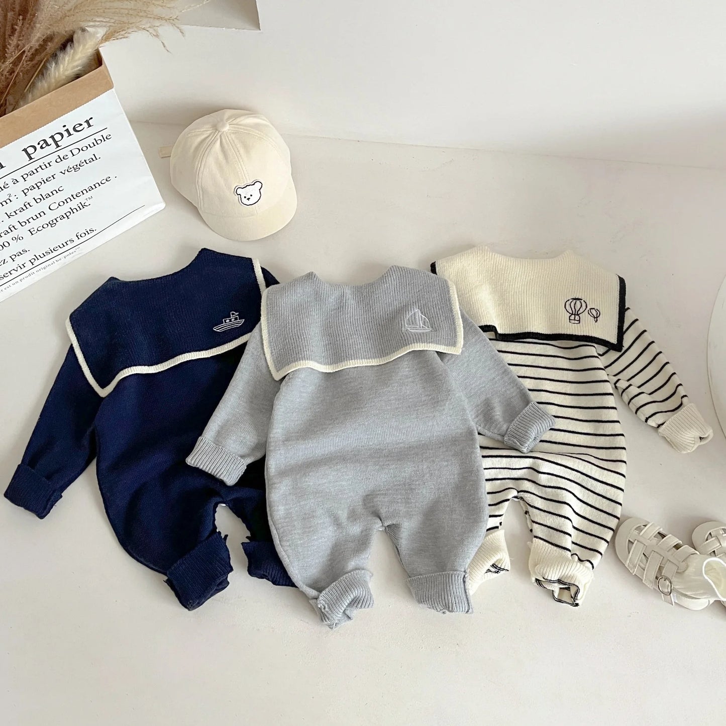 2025 Autumn New Baby Sailor Collar Long Sleeve Knitted Romper Infant Boy Girl Casual Striped Jumpsuit Newborn Toddler Clothes