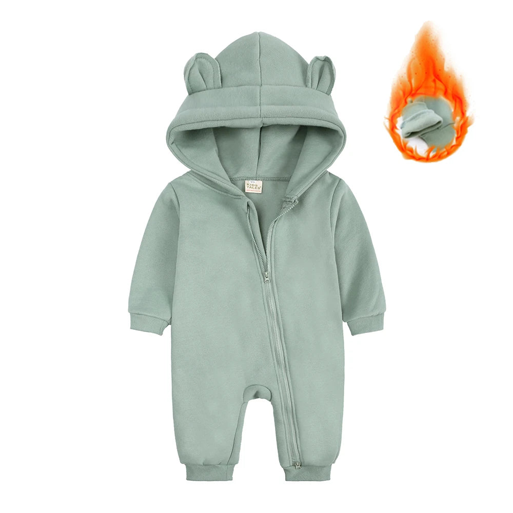 2025 Infant Baby Boys Girls Print Romper Newborn Cotton Fleece Hooded Jumpsuit Toddler Warm Cute Bodysuit Costume For 0-24M