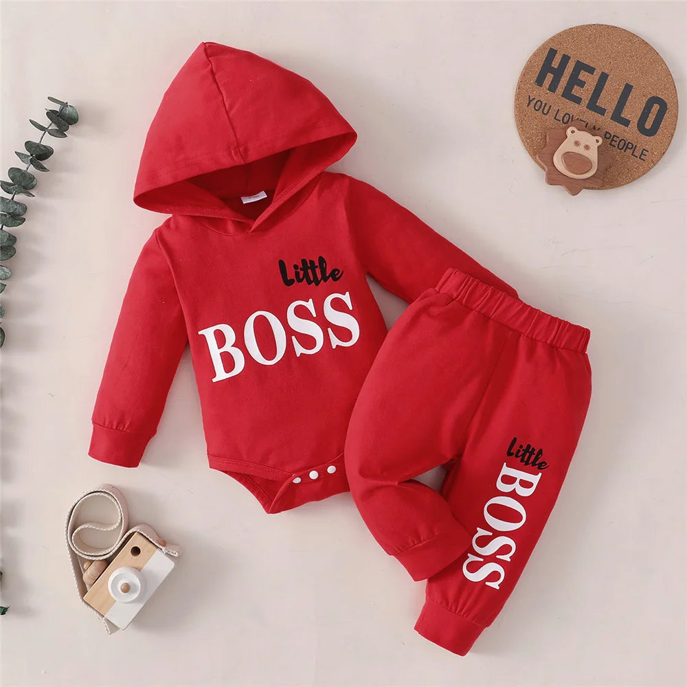2PCS Fashion Baby Boy Autumn Clothing Set Hooded Long Sleeved Jumpsuit+Pants Sports Style Outfit for Infant 0-24 Months Blue&Red