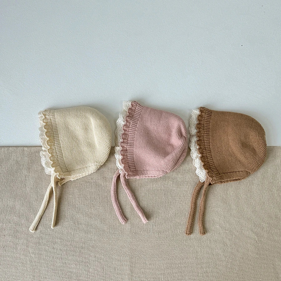 Korean Baby Boys Girls Hat Autumn Winter Warm Ear Protection Caps Ruffle Lace Princess Children's Knitted Wool Hat