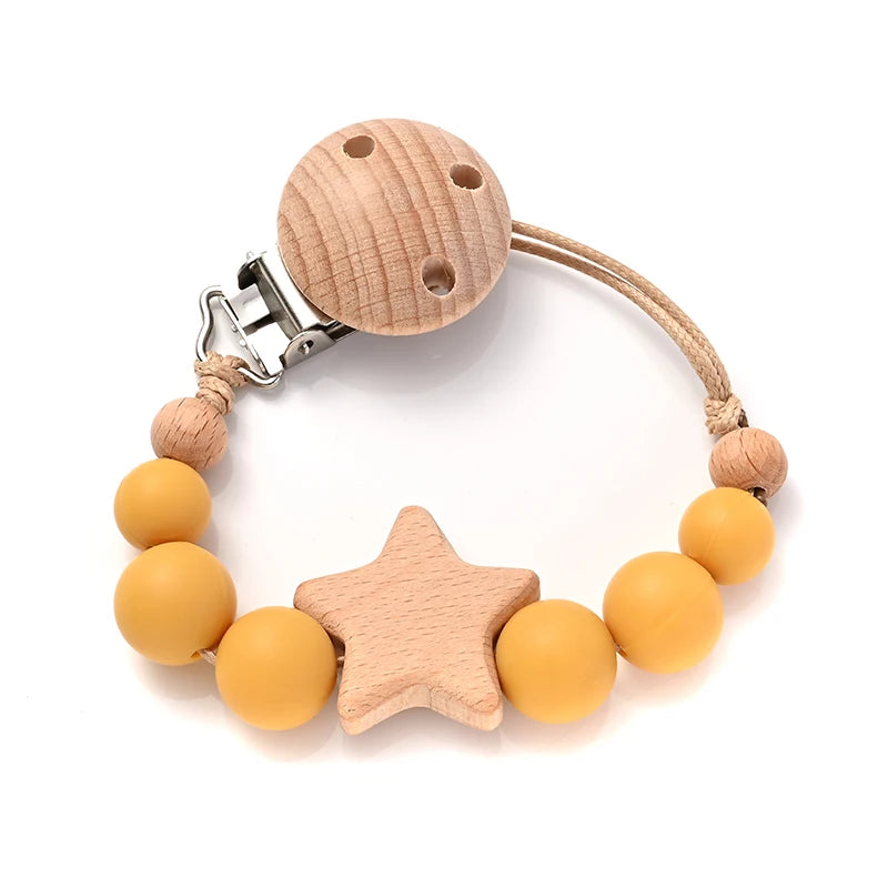 Baby Pacifier Chain Clips Wood Pentagram Teether Silicone Round Beads Teething Chain For Baby Care Soother Chew Toys Shower Gift