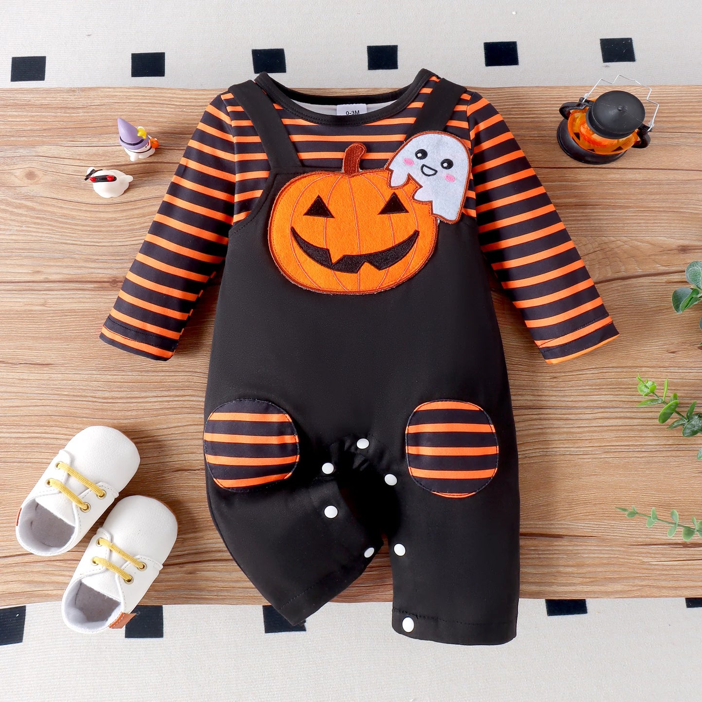 Autumn Boys And Babies Aged 0-1 Years Old, Comfortable Casual Round Neck Striped Halloween Doll Long-Sleeved Jumpsuit