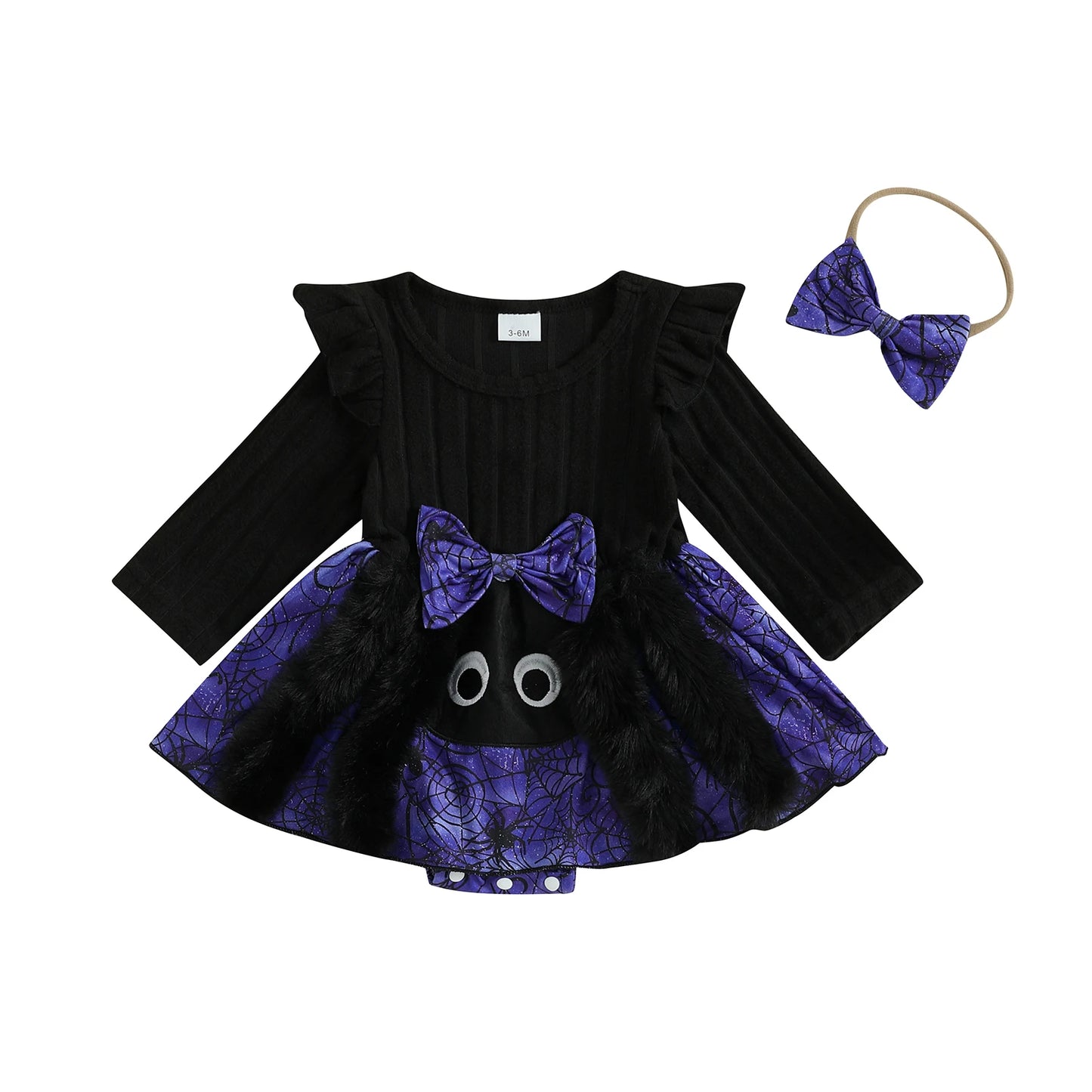 0-18 Months Baby Girl Halloween Romper Dress Cartoon Bat Long Sleeve Round Neck Jumpsuit with Bow Headband