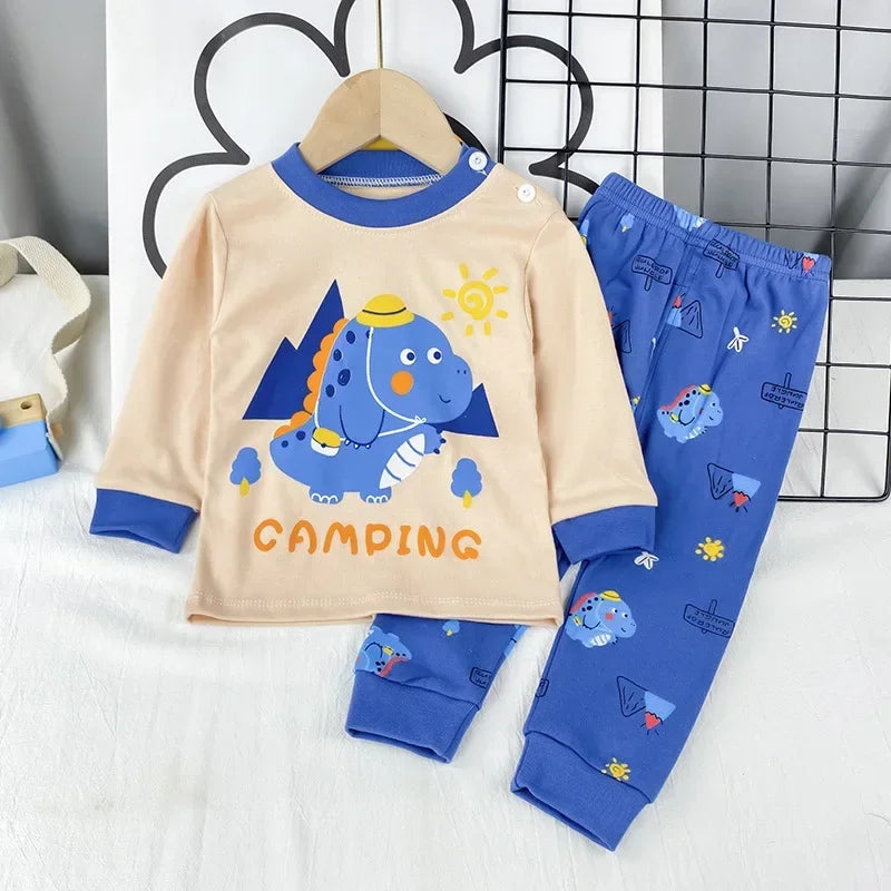 2024 New Kids Boys Girls Pajama Sets Cartoon Print Long Sleeve Cute T-Shirt Tops with Pants Toddler Baby Sleeping Clothing Sets