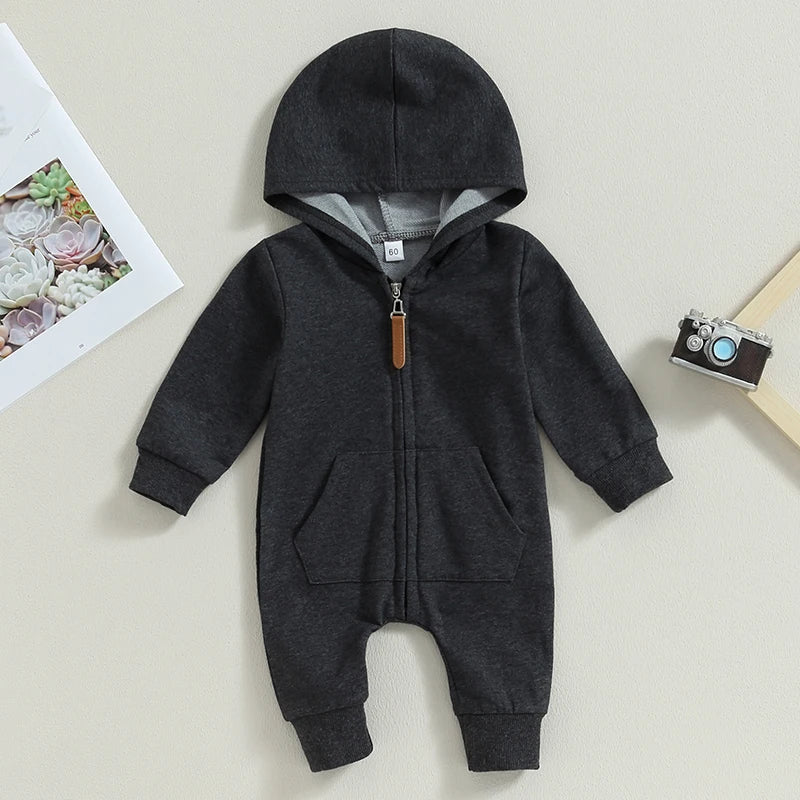 2023-07-19 Lioraitiin 0-12M Newborn Baby Boys Girls Fall Jumpsuits Long Sleeve Solid Zip Up Hooded Rompers Newborn Outfit