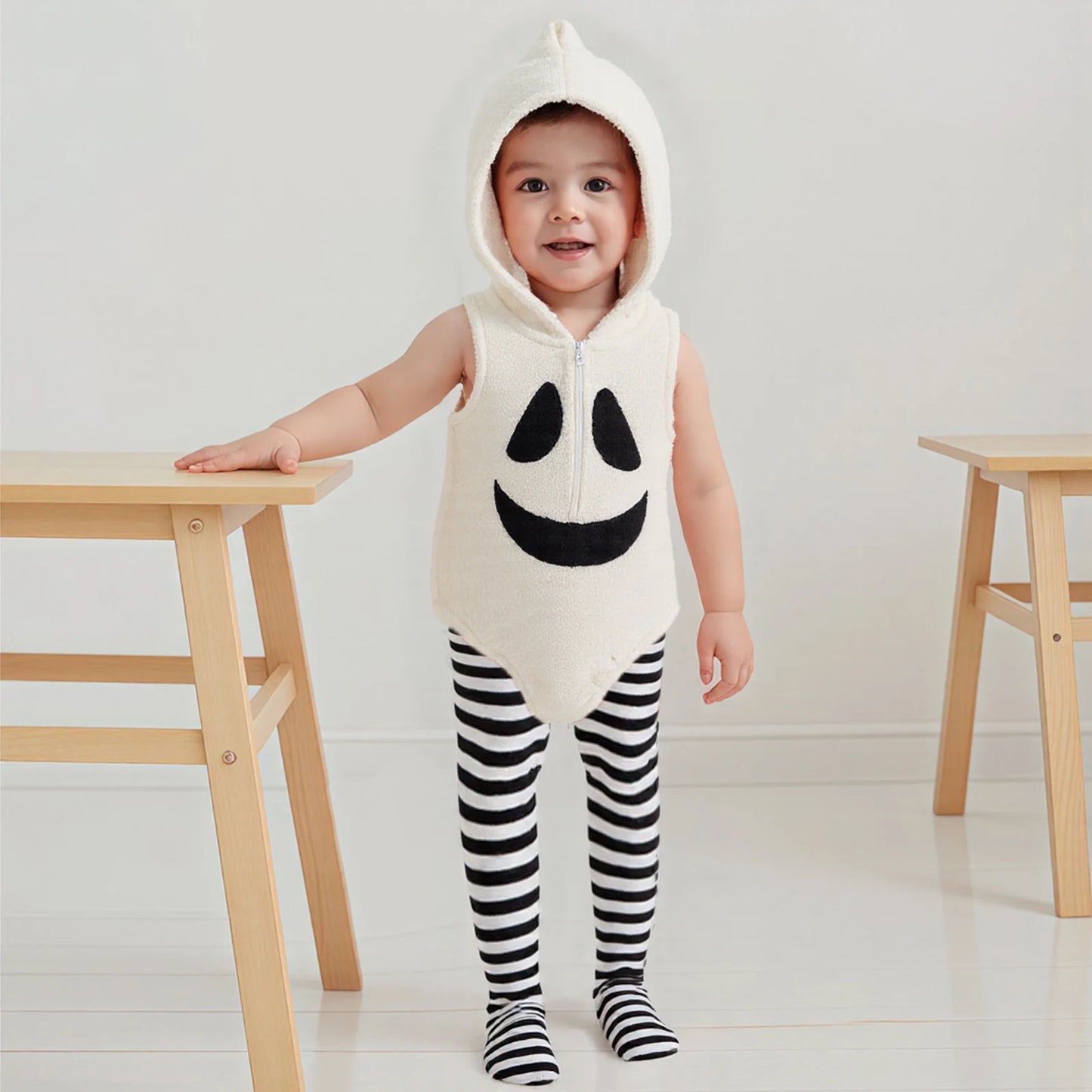 Baby Cosplay Costume Sleeveless Hooded Ghost Romper with Striped Stockings Halloween Clothes for Girls Boys