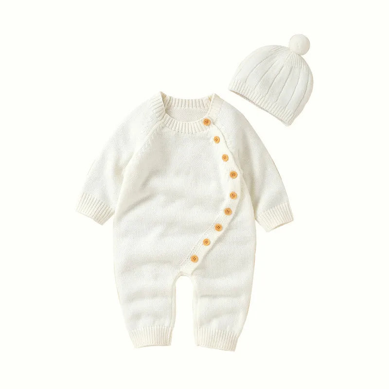 New Born Baby Boy Girl Clothes Knit Jumpsuit Fall Winter 2023 Warm Long Sleeve Crew Neck Button Closure Solid Romper with Hat