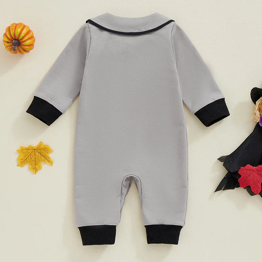 Baby Boy Halloween Romper Spider Embroidered Bow Tie Long Sleeve Lapel Neck Button-up Fall Jumpsuits