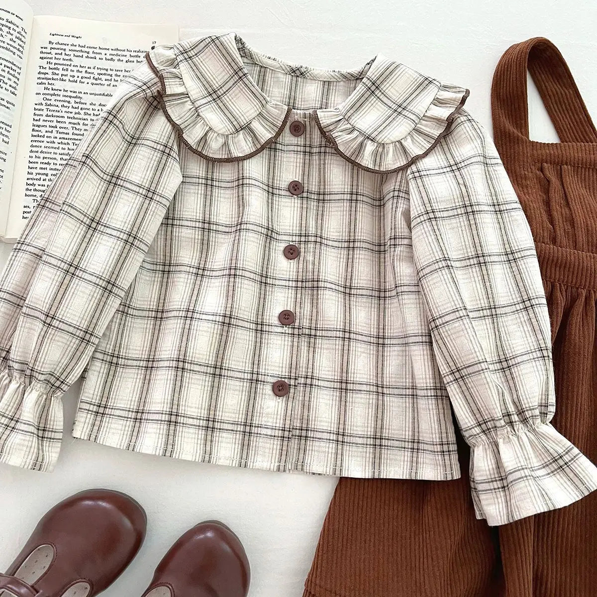 Autumn Children Girls 2PCS Clothes Set Cotton Peter Pan Collar Kid Baby Girl Plaid Shirt Outfit Solid Corduroy Little Girl Dress