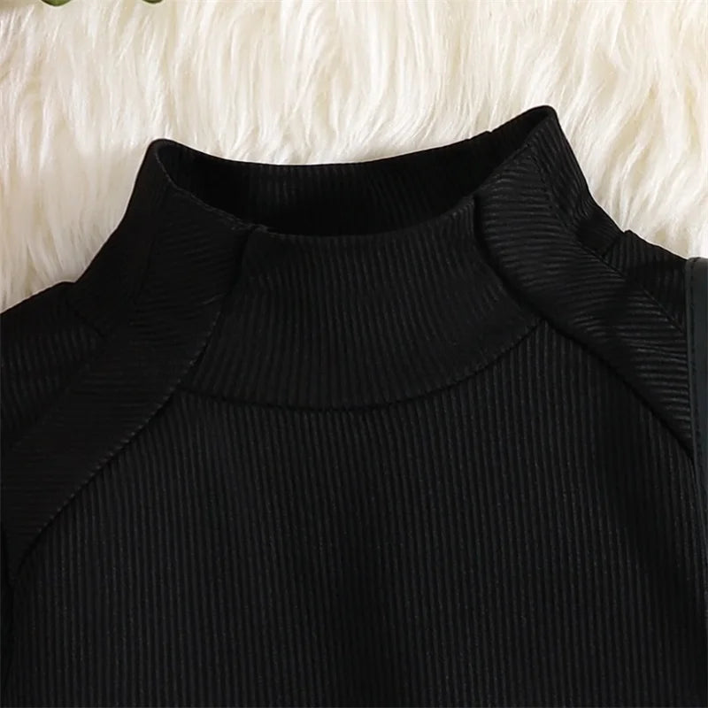 2022-08-15 Lioraitiin 0-6Years Toddler Girl Autumn Clothes Ruffled Long Sleeve High Neck Ribbed Houndstooth Print Shorts Belt