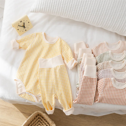 2024 Autumn Baby Pajamas Set 0-2Y Toddler Boys Plaid Bodysuit+Pants Underwear 2Pcs Girls Homewear Suit Toddler Sleep Clothing