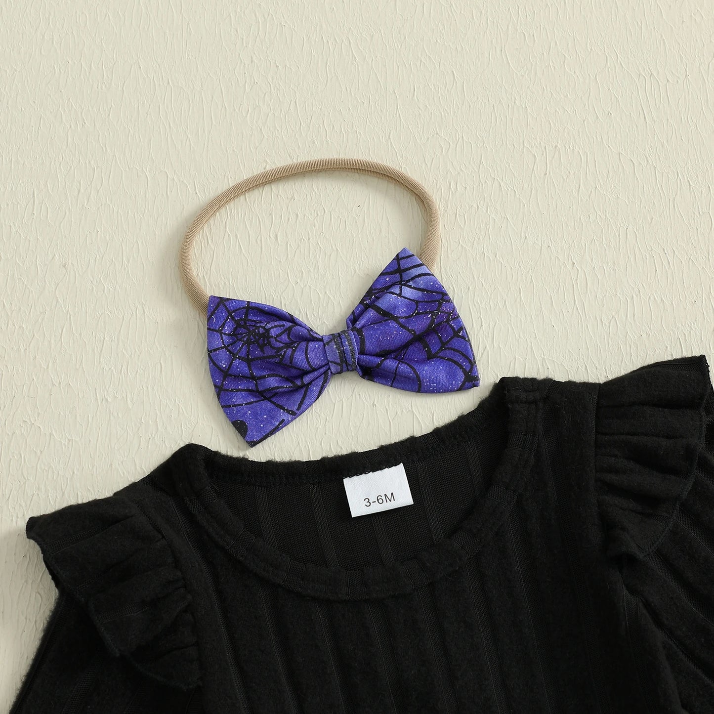 0-18 Months Baby Girl Halloween Romper Dress Cartoon Bat Long Sleeve Round Neck Jumpsuit with Bow Headband
