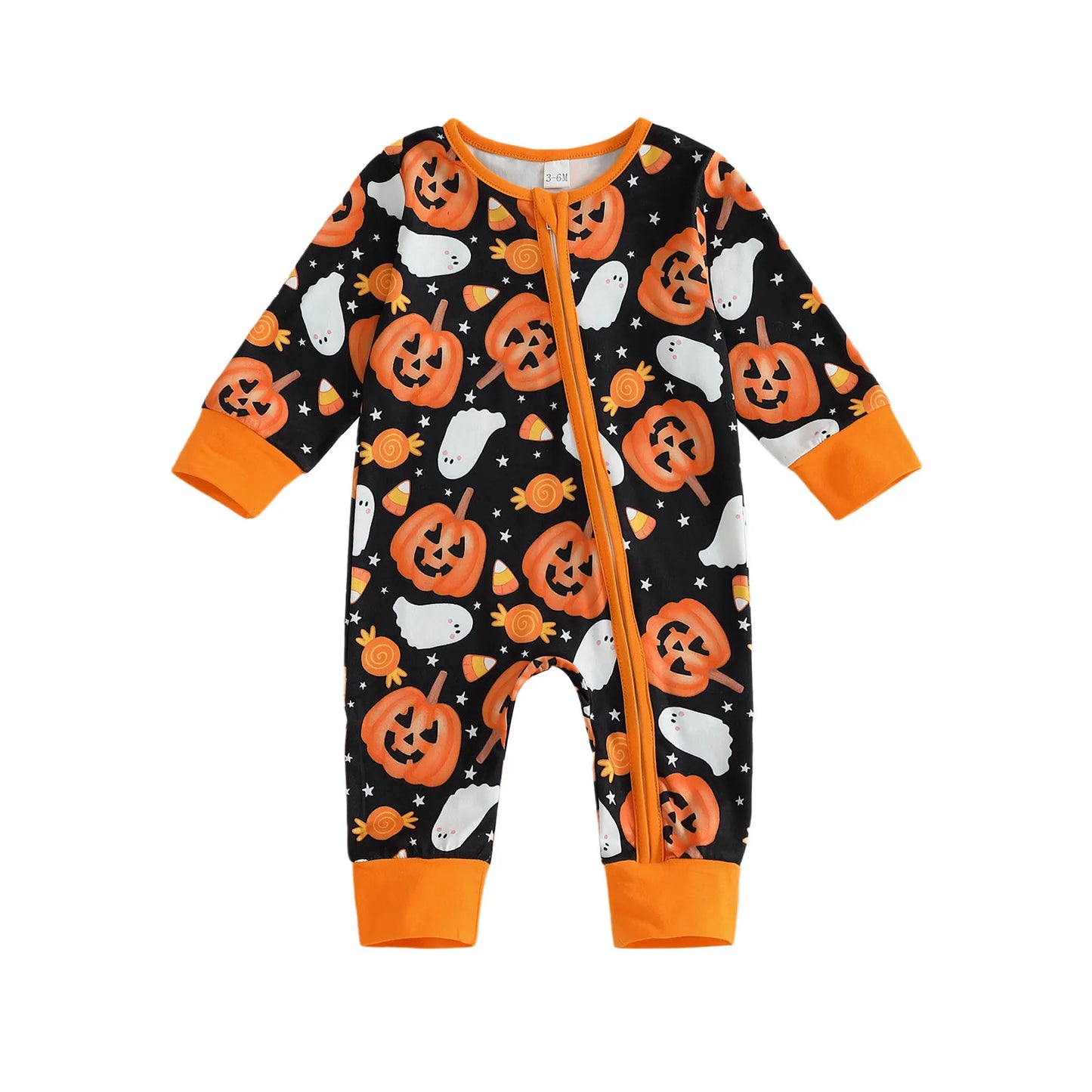 Baby Boys Halloween Zipper Jumpsuit Long Sleeve Crewneck Ghost Pumpkin Print Romper