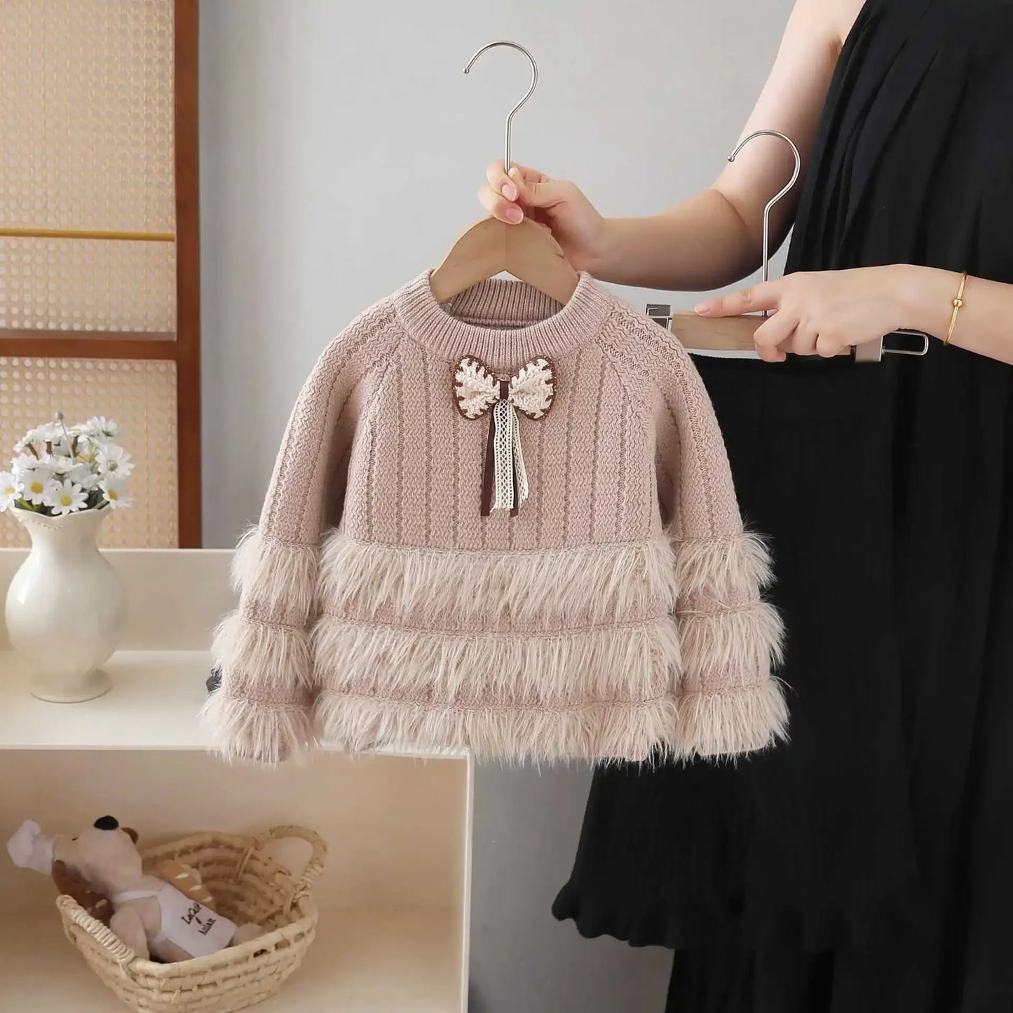 Girls Bow Knit Sweater Set Autumn Winter New - Fluffy Princess Outfit Thickened Knitted Clothing 2-8Y Kids