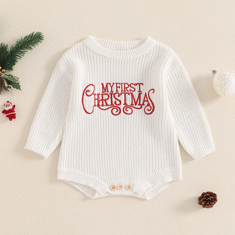 FOCUSNORM 4 Color Autumn Winter Baby Boys Girls Christmas Sweater Romper Letter Embroidery Round Neck Long Sleeve Knit Jumpsuit