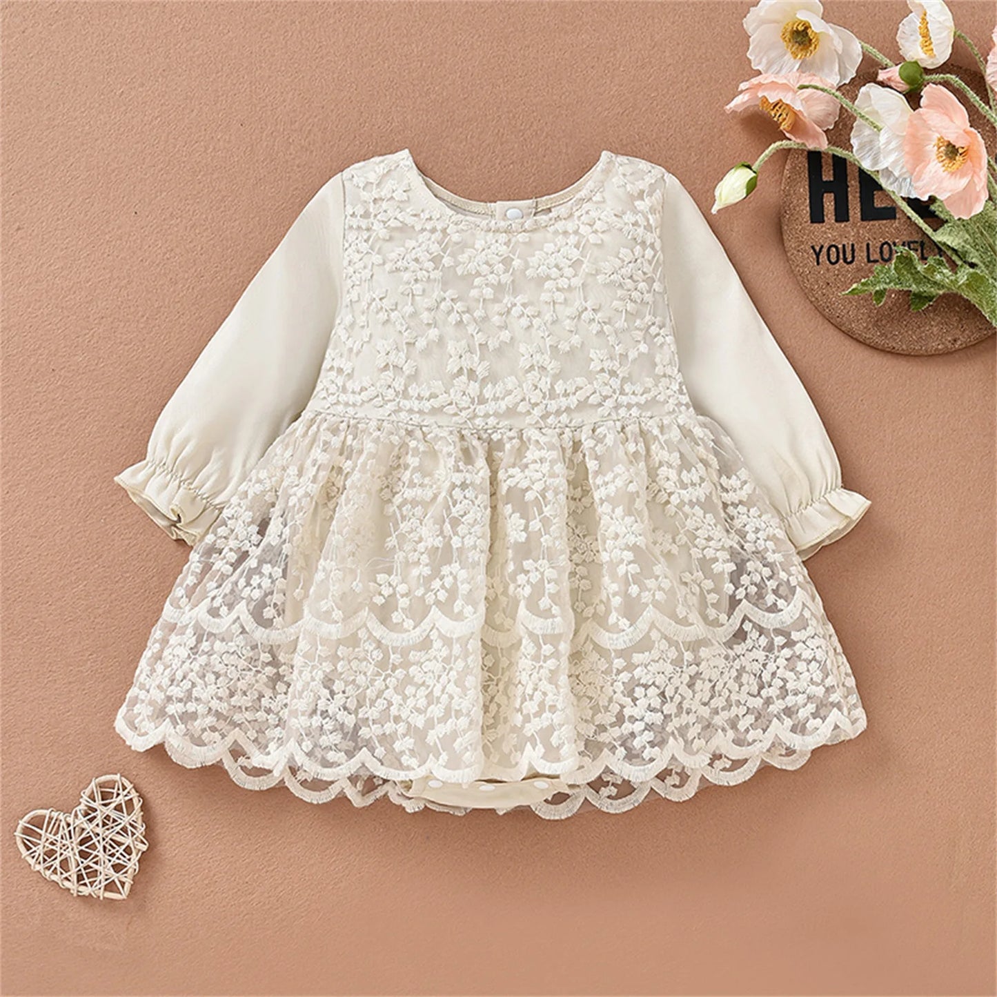 Kid Infant Baby Girl Romper Dress, Long Sleeve Round Neck Patchwork High Waist Lace Floral Party Dress 0-18M